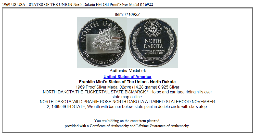 1969 US USA - STATES OF THE UNION North Dakota FM Old Proof Silver Medal i116922