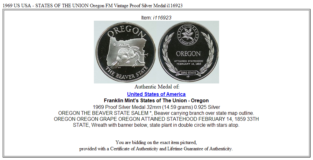 1969 US USA - STATES OF THE UNION Oregon FM Vintage Proof Silver Medal i116923