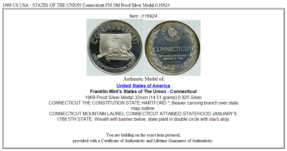 1969 US USA - STATES OF THE UNION Connecticutt FM Old Proof Silver Medal i116924