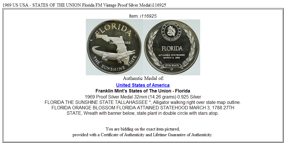 1969 US USA - STATES OF THE UNION Florida FM Vintage Proof Silver Medal i116925