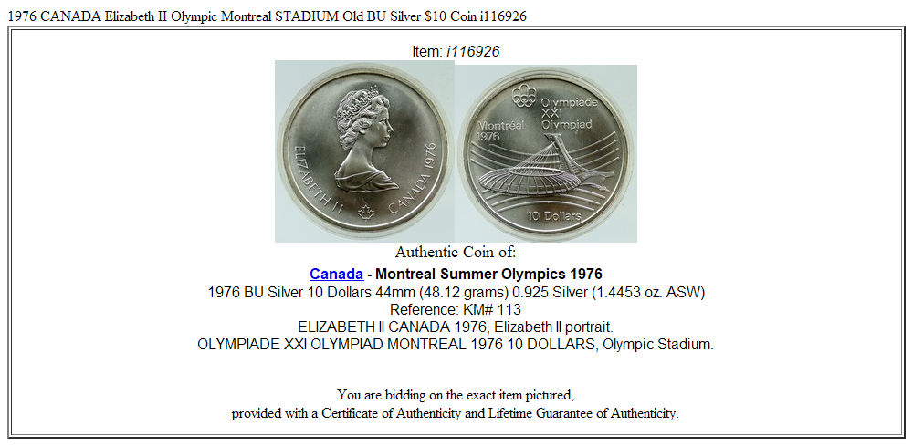 1976 CANADA Elizabeth II Olympic Montreal STADIUM Old BU Silver $10 Coin i116926