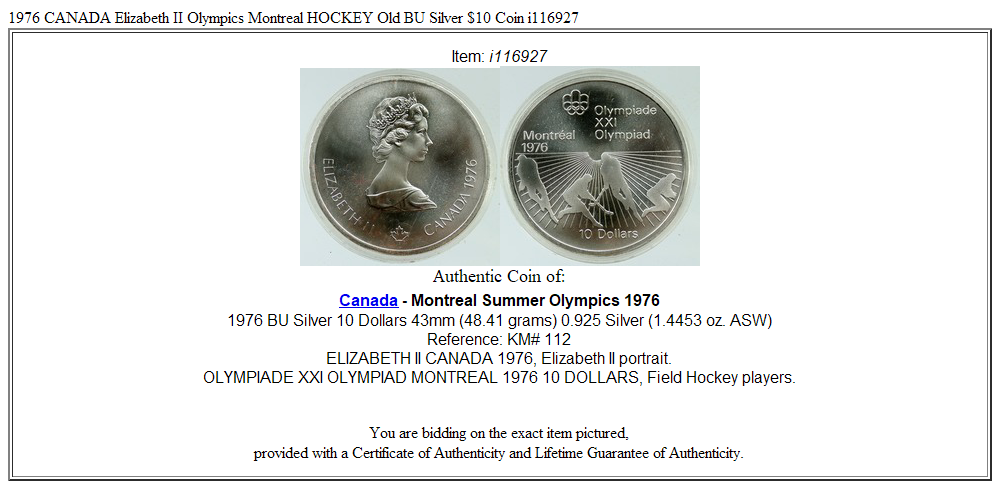 1976 CANADA Elizabeth II Olympics Montreal HOCKEY Old BU Silver $10 Coin i116927