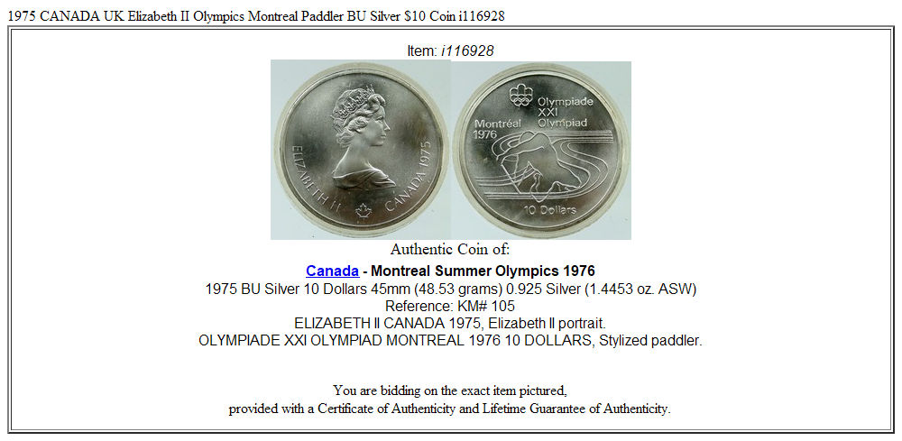 1975 CANADA UK Elizabeth II Olympics Montreal Paddler BU Silver $10 Coin i116928