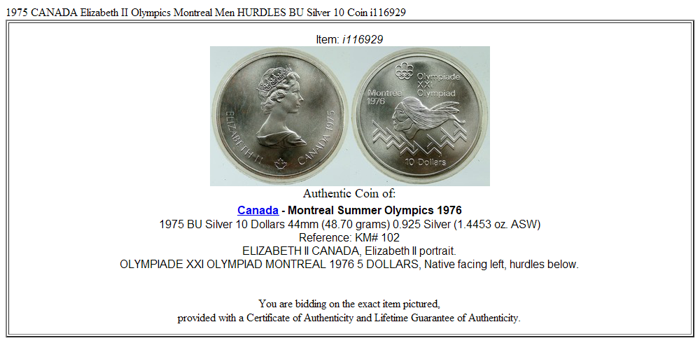 1975 CANADA Elizabeth II Olympics Montreal Men HURDLES BU Silver 10 Coin i116929