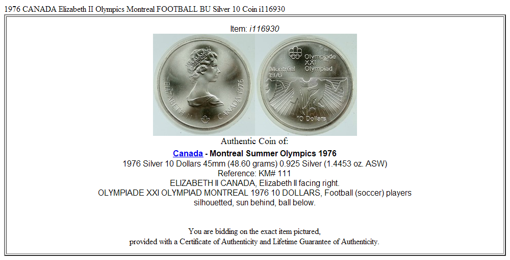 1976 CANADA Elizabeth II Olympics Montreal FOOTBALL BU Silver 10 Coin i116930