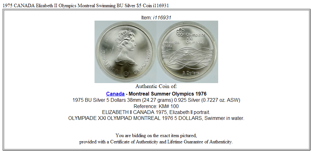 1975 CANADA Elizabeth II Olympics Montreal Swimming BU Silver $5 Coin i116931