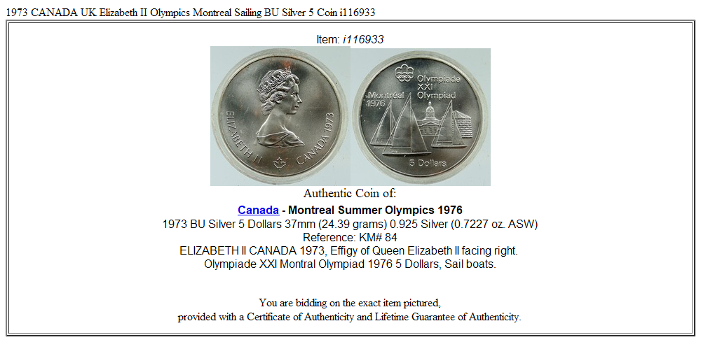 1973 CANADA UK Elizabeth II Olympics Montreal Sailing BU Silver 5 Coin i116933