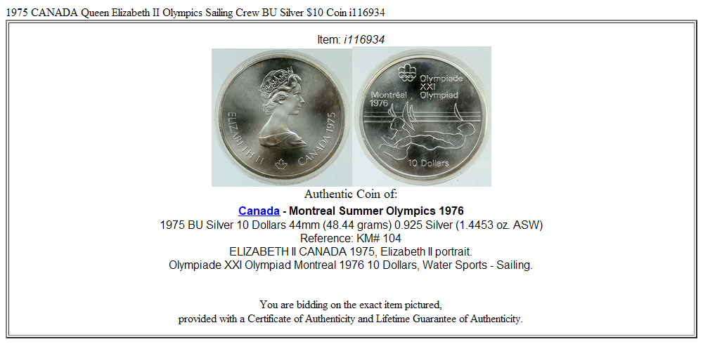 1975 CANADA Queen Elizabeth II Olympics Sailing Crew BU Silver $10 Coin i116934