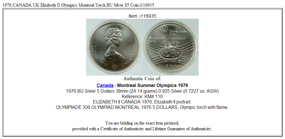 1976 CANADA UK Elizabeth II Olympics Montreal Torch BU Silver $5 Coin i116935