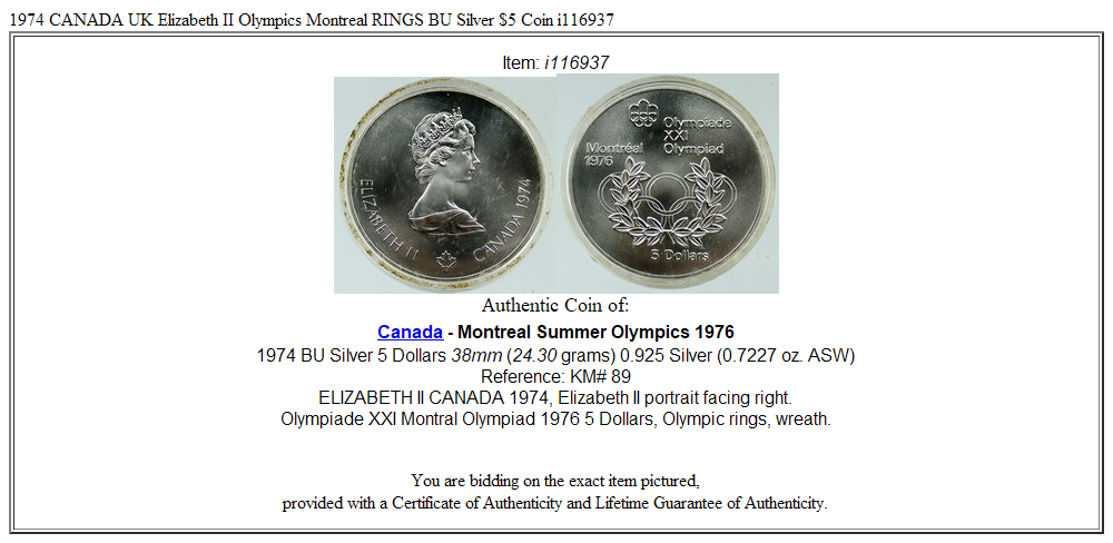 1974 CANADA UK Elizabeth II Olympics Montreal RINGS BU Silver $5 Coin i116937