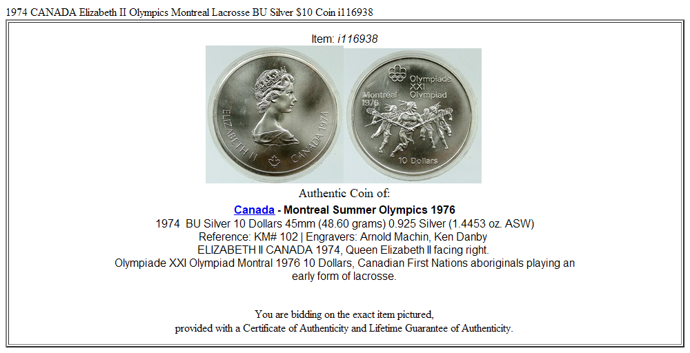 1974 CANADA Elizabeth II Olympics Montreal Lacrosse BU Silver $10 Coin i116938