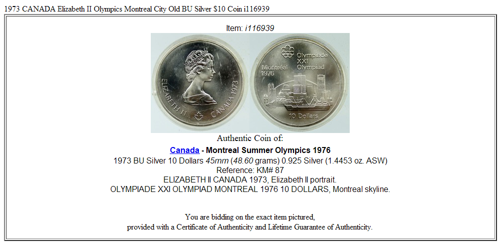 1973 CANADA Elizabeth II Olympics Montreal City Old BU Silver $10 Coin i116939