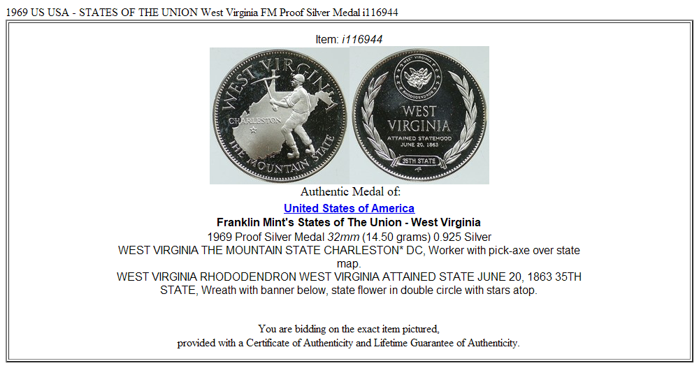 1969 US USA - STATES OF THE UNION West Virginia FM Proof Silver Medal i116944