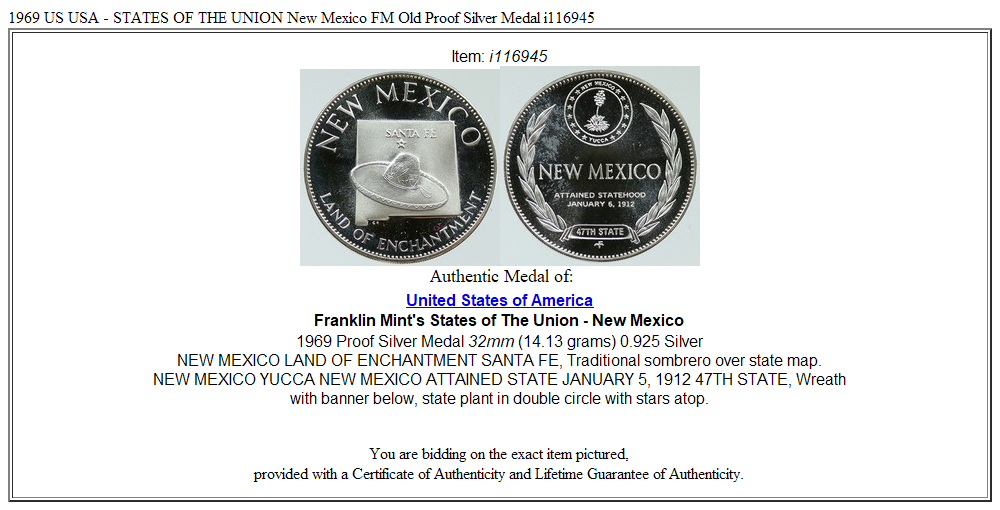 1969 US USA - STATES OF THE UNION New Mexico FM Old Proof Silver Medal i116945