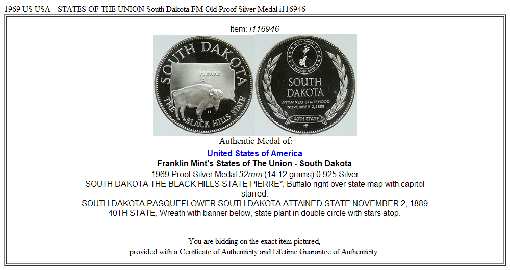 1969 US USA - STATES OF THE UNION South Dakota FM Old Proof Silver Medal i116946