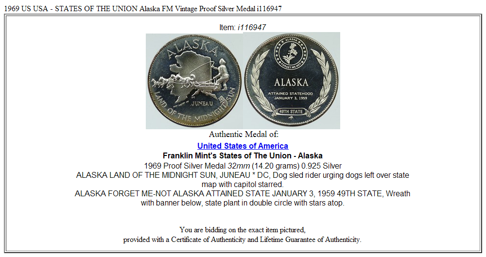 1969 US USA - STATES OF THE UNION Alaska FM Vintage Proof Silver Medal i116947