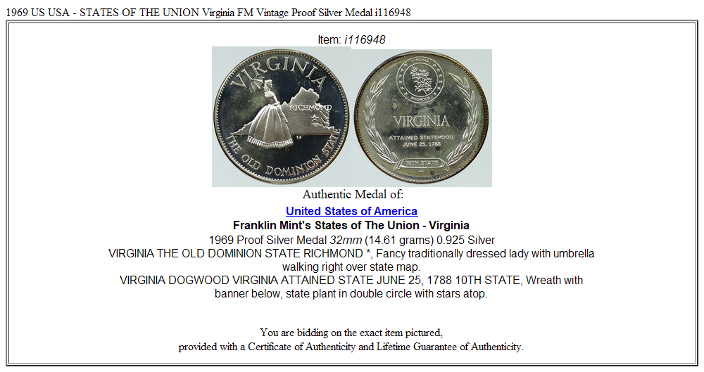 1969 US USA - STATES OF THE UNION Virginia FM Vintage Proof Silver Medal i116948