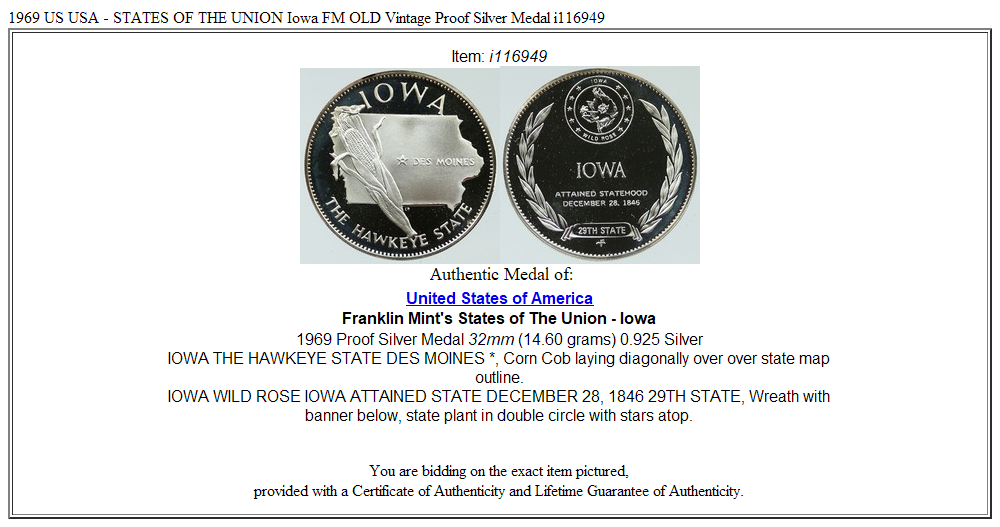 1969 US USA - STATES OF THE UNION Iowa FM OLD Vintage Proof Silver Medal i116949