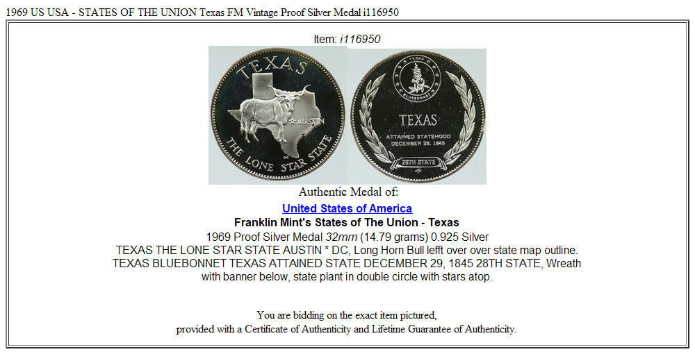 1969 US USA - STATES OF THE UNION Texas FM Vintage Proof Silver Medal i116950