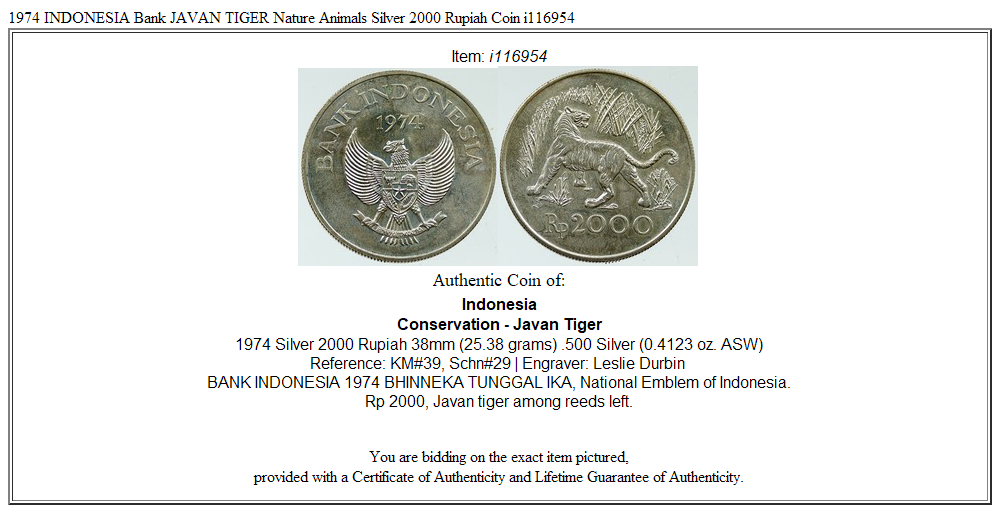 1974 INDONESIA Bank JAVAN TIGER Nature Animals Silver 2000 Rupiah Coin i116954