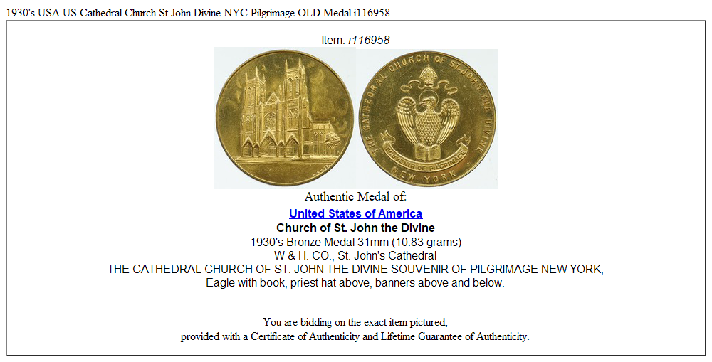 1930's USA US Cathedral Church St John Divine NYC Pilgrimage OLD Medal i116958