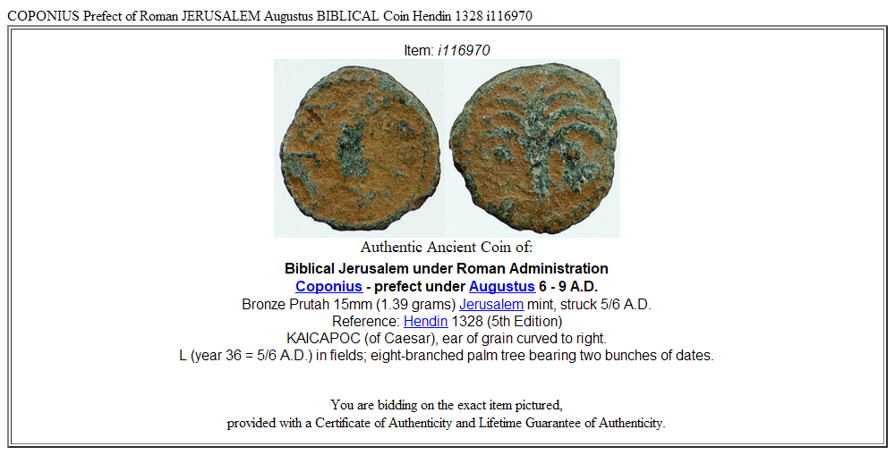 COPONIUS Prefect of Roman JERUSALEM Augustus BIBLICAL Coin Hendin 1328 i116970