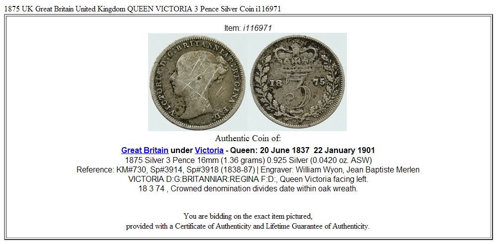 1875 UK Great Britain United Kingdom QUEEN VICTORIA 3 Pence Silver Coin i116971