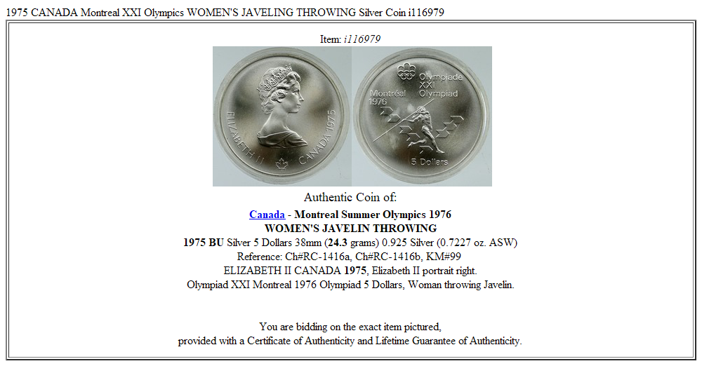 1975 CANADA Montreal XXI Olympics WOMEN'S JAVELING THROWING Silver Coin i116979