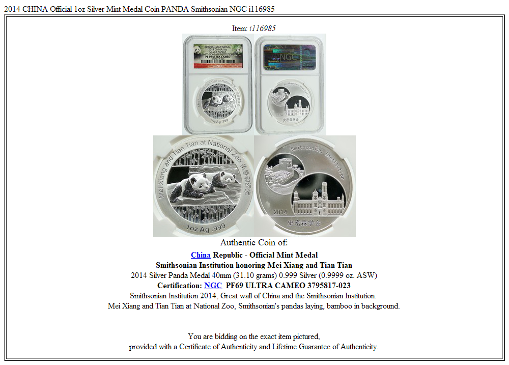 2014 CHINA Official 1oz Silver Mint Medal Coin PANDA Smithsonian NGC i116985