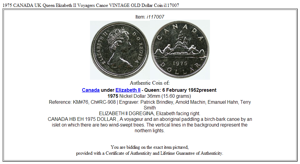 1975 CANADA UK Queen Elizabeth II Voyagers Canoe VINTAGE OLD Dollar Coin i117007