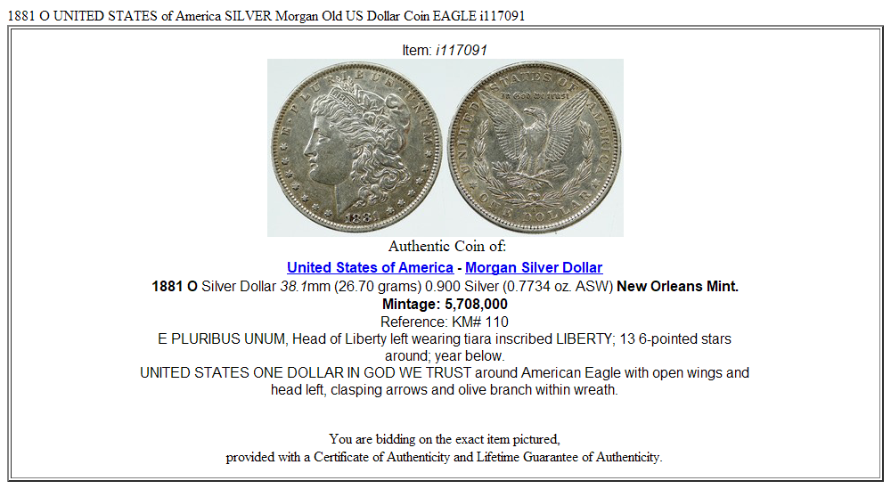 1881 O UNITED STATES of America SILVER Morgan Old US Dollar Coin EAGLE i117091