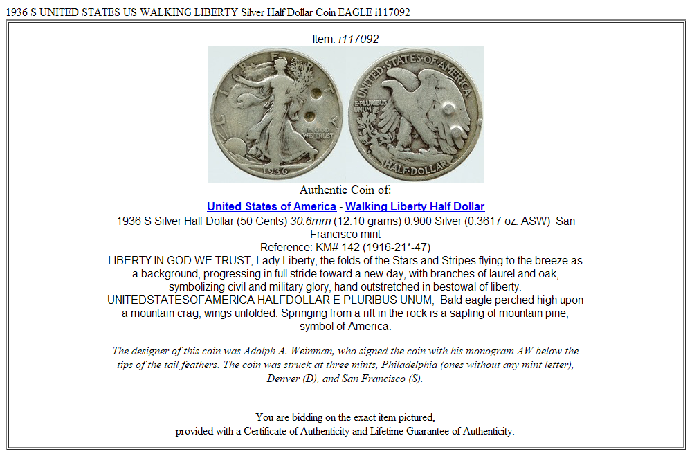 1936 S UNITED STATES US WALKING LIBERTY Silver Half Dollar Coin EAGLE i117092