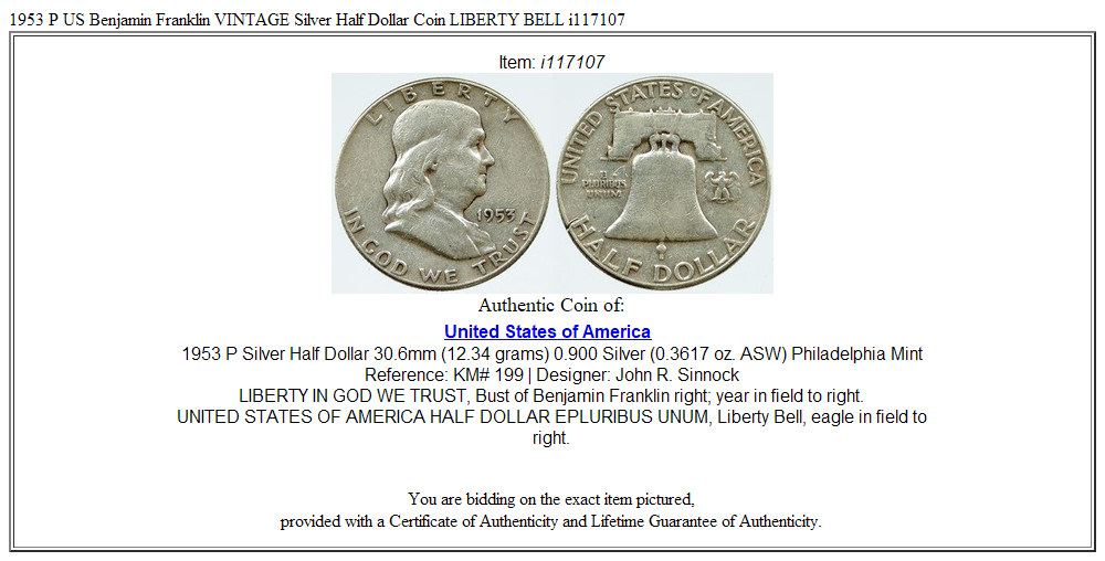 1953 P US Benjamin Franklin VINTAGE Silver Half Dollar Coin LIBERTY BELL i117107