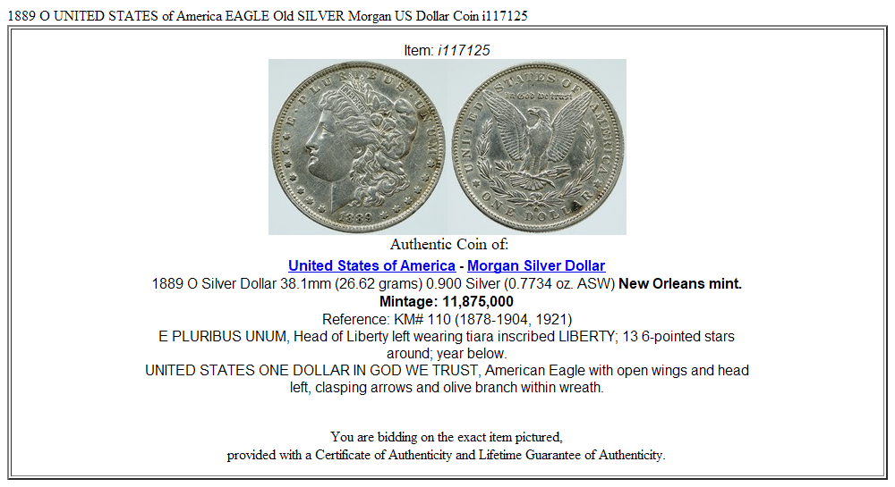 1889 O UNITED STATES of America EAGLE Old SILVER Morgan US Dollar Coin i117125