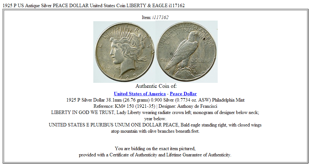 1925 P US Antique Silver PEACE DOLLAR United States Coin LIBERTY & EAGLE i117162