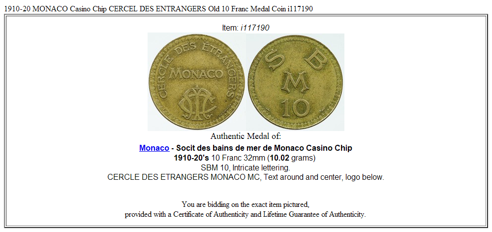 1910-20 MONACO Casino Chip CERCEL DES ENTRANGERS Old 10 Franc Medal Coin i117190