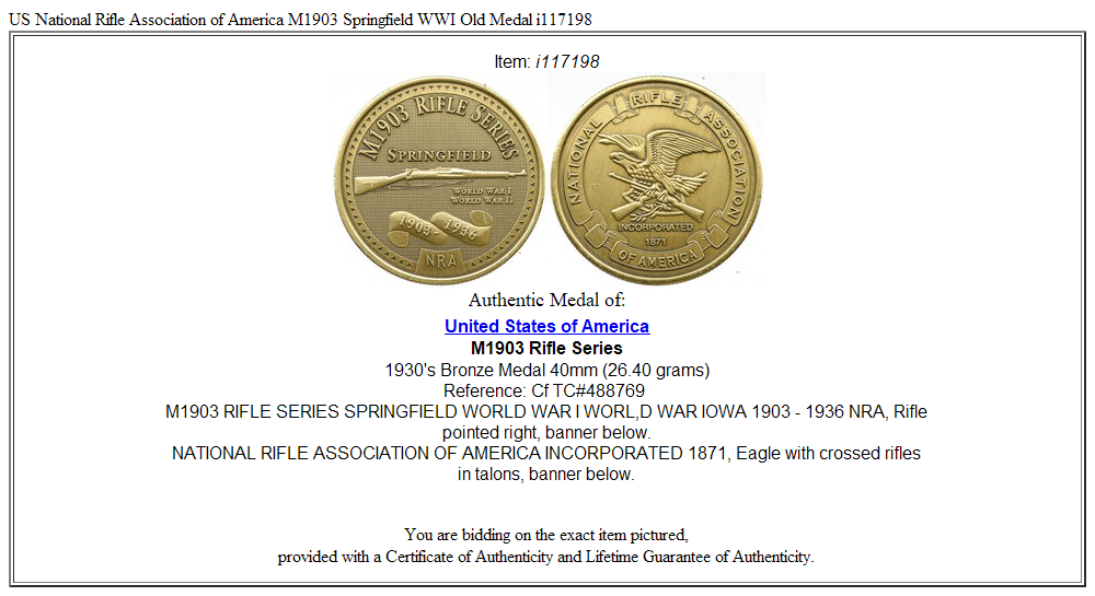 US National Rifle Association of America M1903 Springfield WWI Old Medal i117198