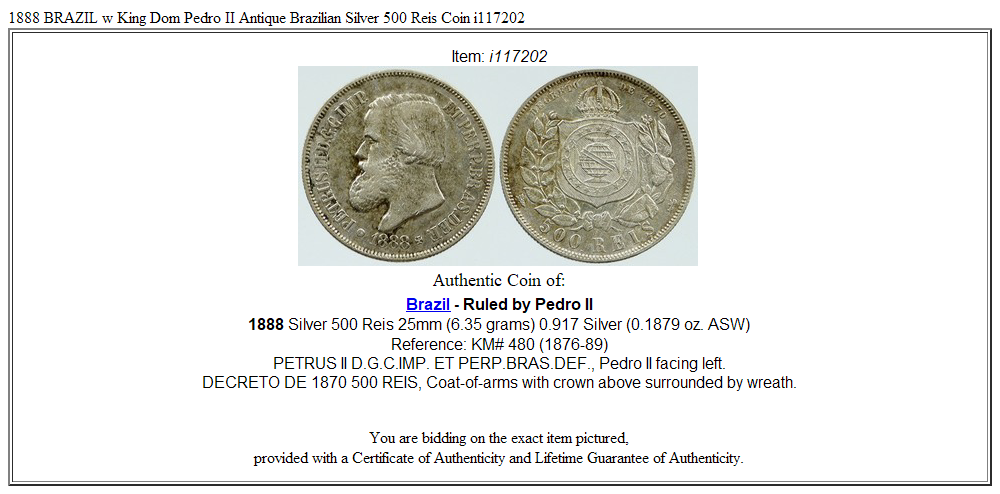 1888 BRAZIL w King Dom Pedro II Antique Brazilian Silver 500 Reis Coin i117202