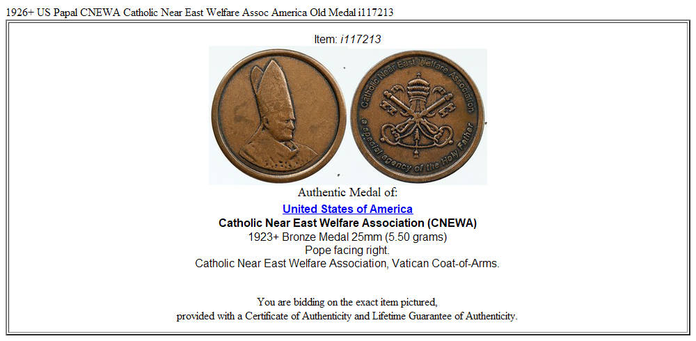 1926+ US Papal CNEWA Catholic Near East Welfare Assoc America Old Medal i117213