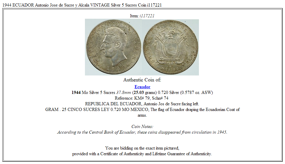 1944 ECUADOR Antonio Jose de Sucre y Alcala VINTAGE Silver 5 Sucres Coin i117221