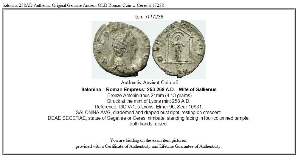 Salonina 258AD Authentic Original Genuine Ancient OLD Roman Coin w Ceres i117238