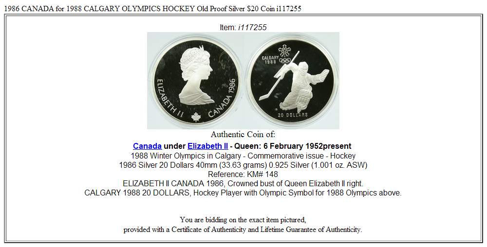 1986 CANADA for 1988 CALGARY OLYMPICS HOCKEY Old Proof Silver $20 Coin i117255