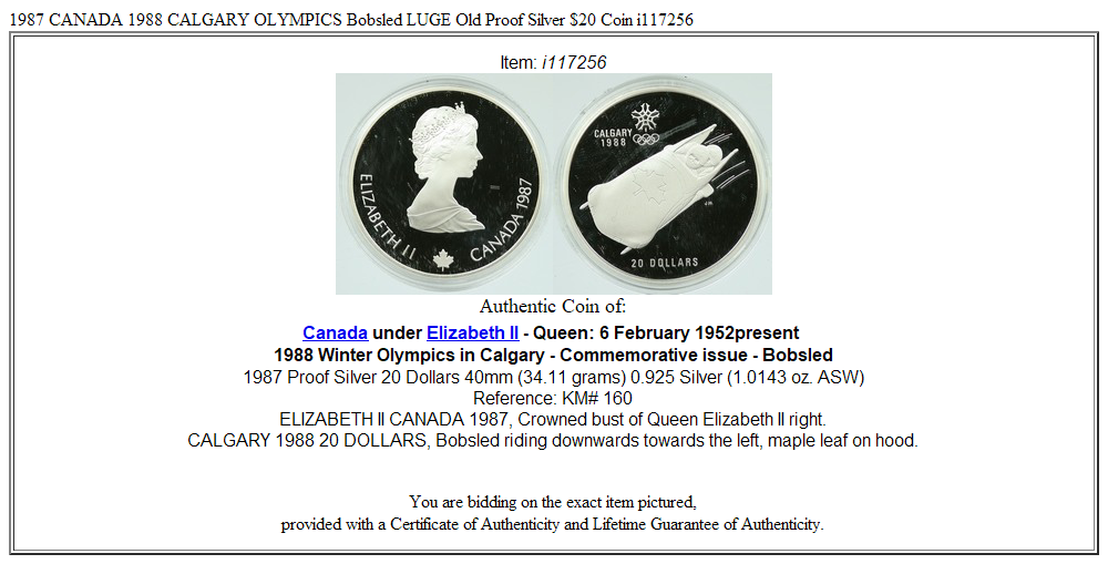 1987 CANADA 1988 CALGARY OLYMPICS Bobsled LUGE Old Proof Silver $20 Coin i117256