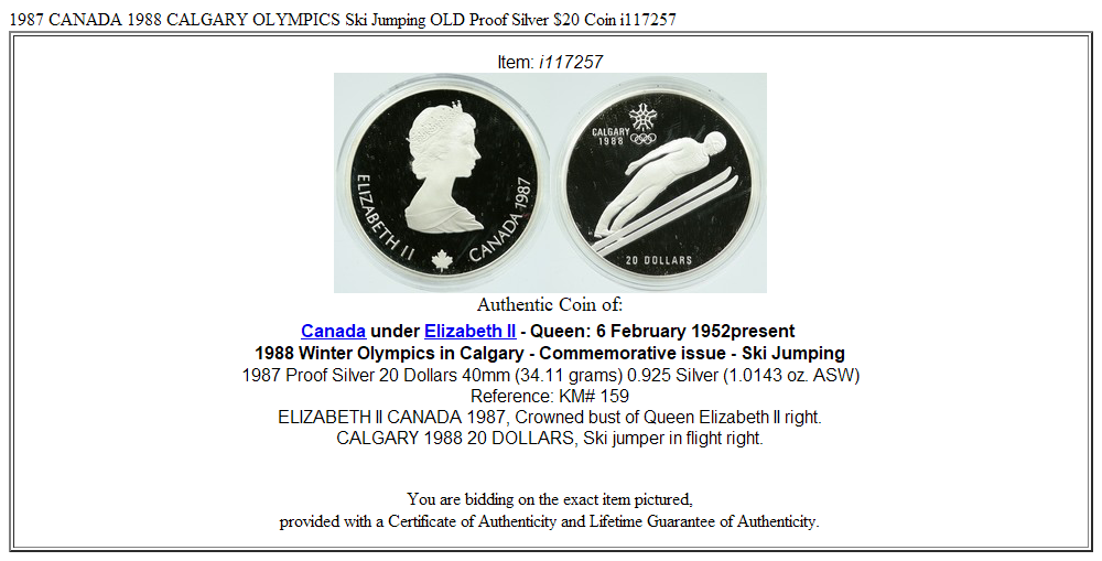 1987 CANADA 1988 CALGARY OLYMPICS Ski Jumping OLD Proof Silver $20 Coin i117257