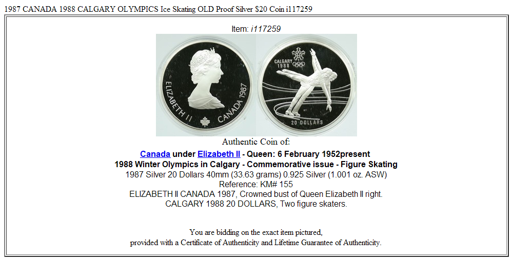 1987 CANADA 1988 CALGARY OLYMPICS Ice Skating OLD Proof Silver $20 Coin i117259