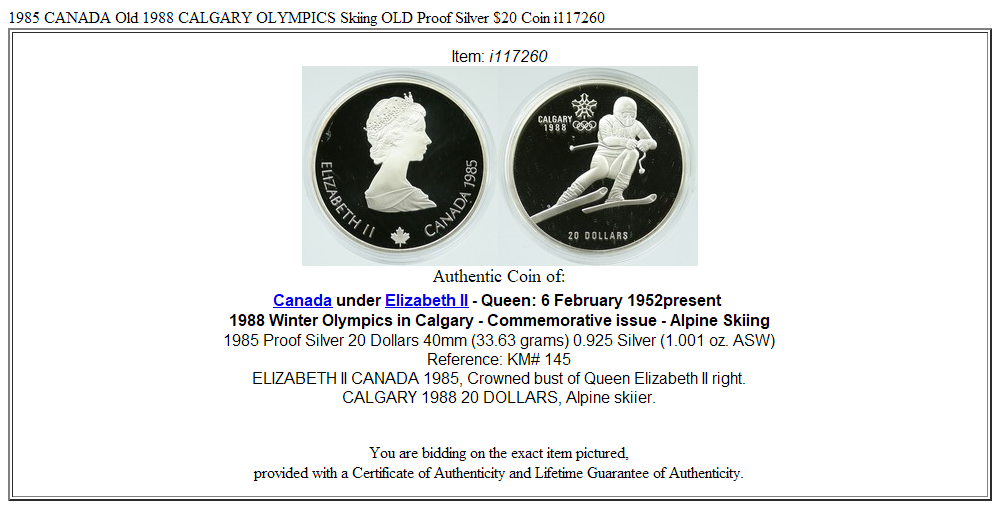 1985 CANADA Old 1988 CALGARY OLYMPICS Skiing OLD Proof Silver $20 Coin i117260