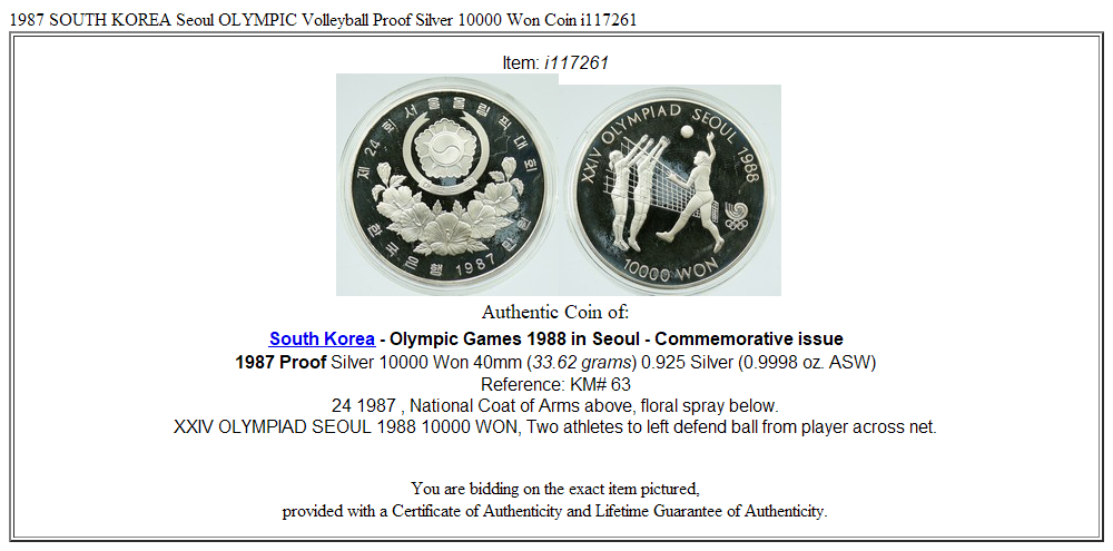 1987 SOUTH KOREA Seoul OLYMPIC Volleyball Proof Silver 10000 Won Coin i117261