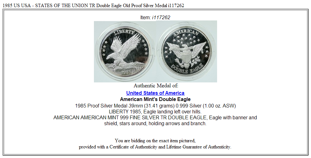 1985 US USA - STATES OF THE UNION TR Double Eagle Old Proof Silver Medal i117262