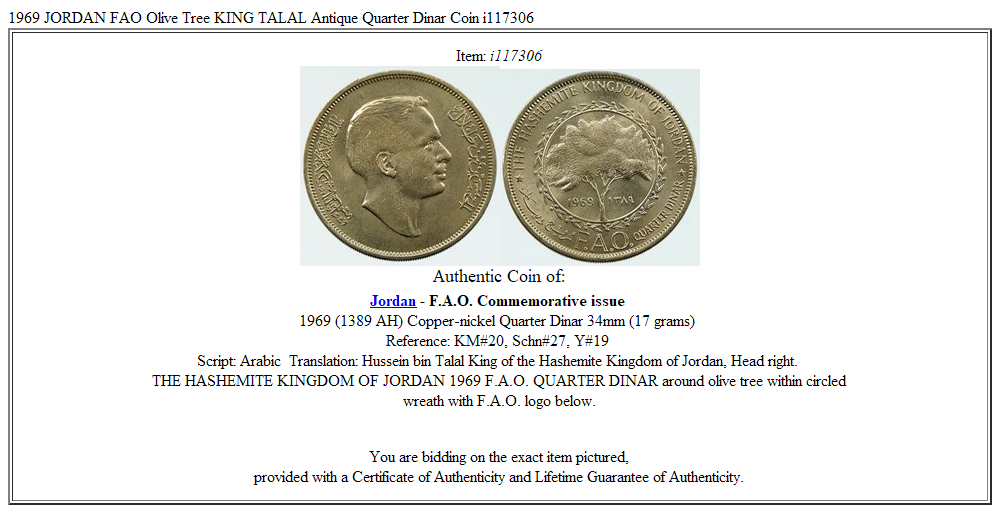 1969 JORDAN FAO Olive Tree KING TALAL Antique Quarter Dinar Coin i117306