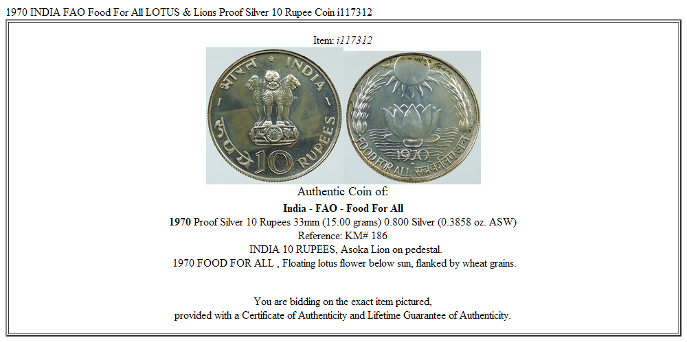 1970 INDIA FAO Food For All LOTUS & Lions Proof Silver 10 Rupee Coin i117312